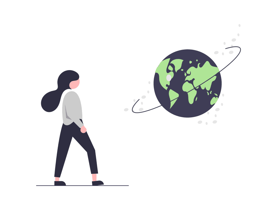 Illustration of a woman standing in front of Earth.