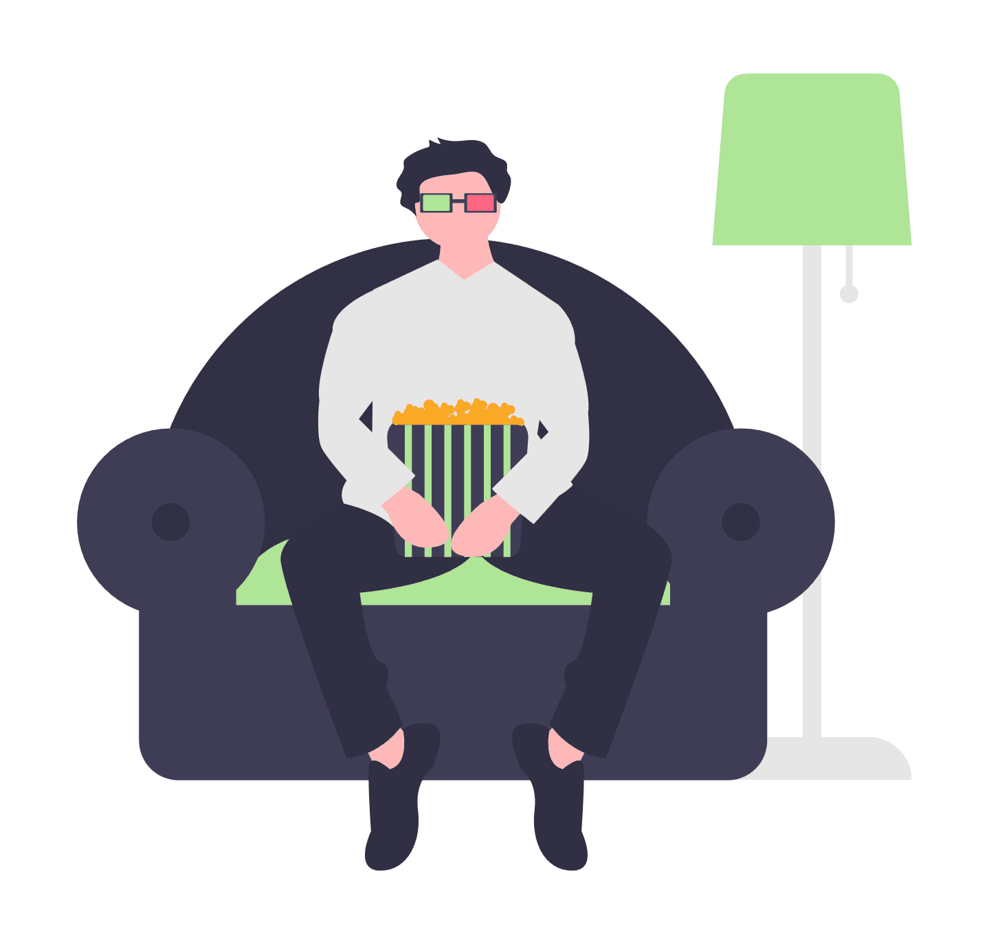 Illustration of a man sitting on a couch with 3D watching glasses on and a bukcet of popcorn in his hands.