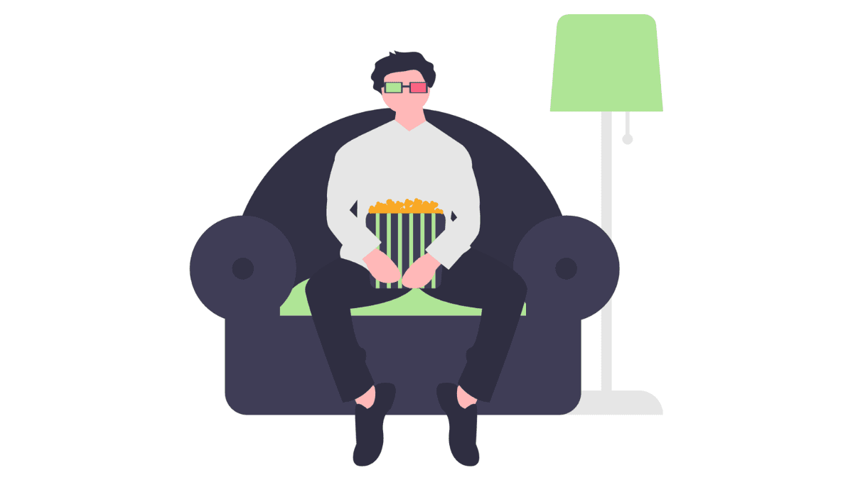 Illustration of a man sitting on a couch with 3D watching glasses on and a bukcet of popcorn in his hands.