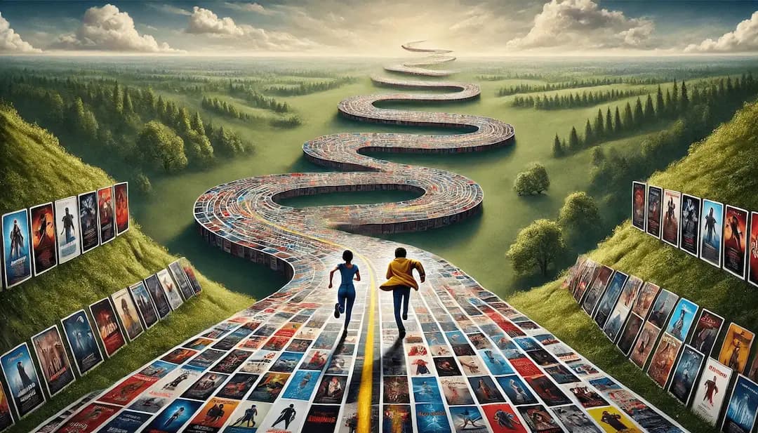 A winding road made out of movie and TV show posters and thumbnails with two people on opposite ends running towards each other. The road is composed entirely of colorful posters, forming a seamless path that twists and turns. The two people, are visible in the distance, running towards each other, encapsulating the idea behind GlobeFlix. The background features a serene landscape with trees and a clear blue sky, adding contrast to the vibrant and dynamic road.