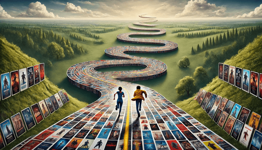 A winding road made out of movie and TV show posters and thumbnails with two people on opposite ends running towards each other. The road is composed entirely of colorful posters, forming a seamless path that twists and turns. The two people, are visible in the distance, running towards each other, encapsulating the idea behind GlobeFlix. The background features a serene landscape with trees and a clear blue sky, adding contrast to the vibrant and dynamic road.